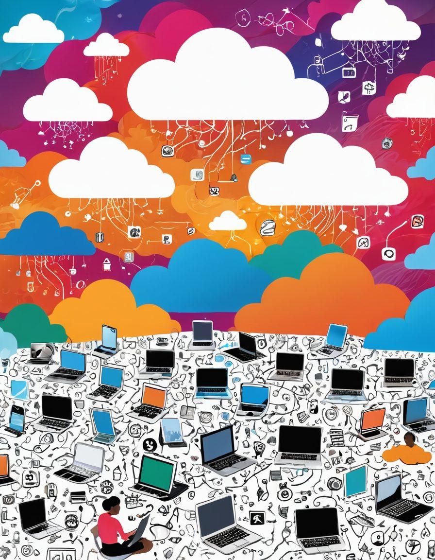 A visually captivating landscape of a digital world filled with interconnected blog icons and pathways. Include diverse people engaging with their devices, sharing ideas and inspiration, set against a vibrant, colorful backdrop of swirling clouds and abstract technology motifs. Highlight elements of creativity and community through illustrations of pens, notebooks, and social media icons. The overall atmosphere should feel immersive and encouraging for aspiring bloggers. super-realistic. vibrant colors. white background.