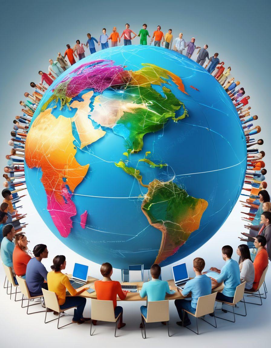 A vibrant digital landscape depicting a diverse group of people collaborating around a virtual globe, symbolizing the blogosphere. Include elements like interconnected webs of educational resources, books, and digital devices illuminating their faces. Showcase a blend of bright, engaging colors to convey energy and growth in networking. super-realistic. vibrant colors. 3D.