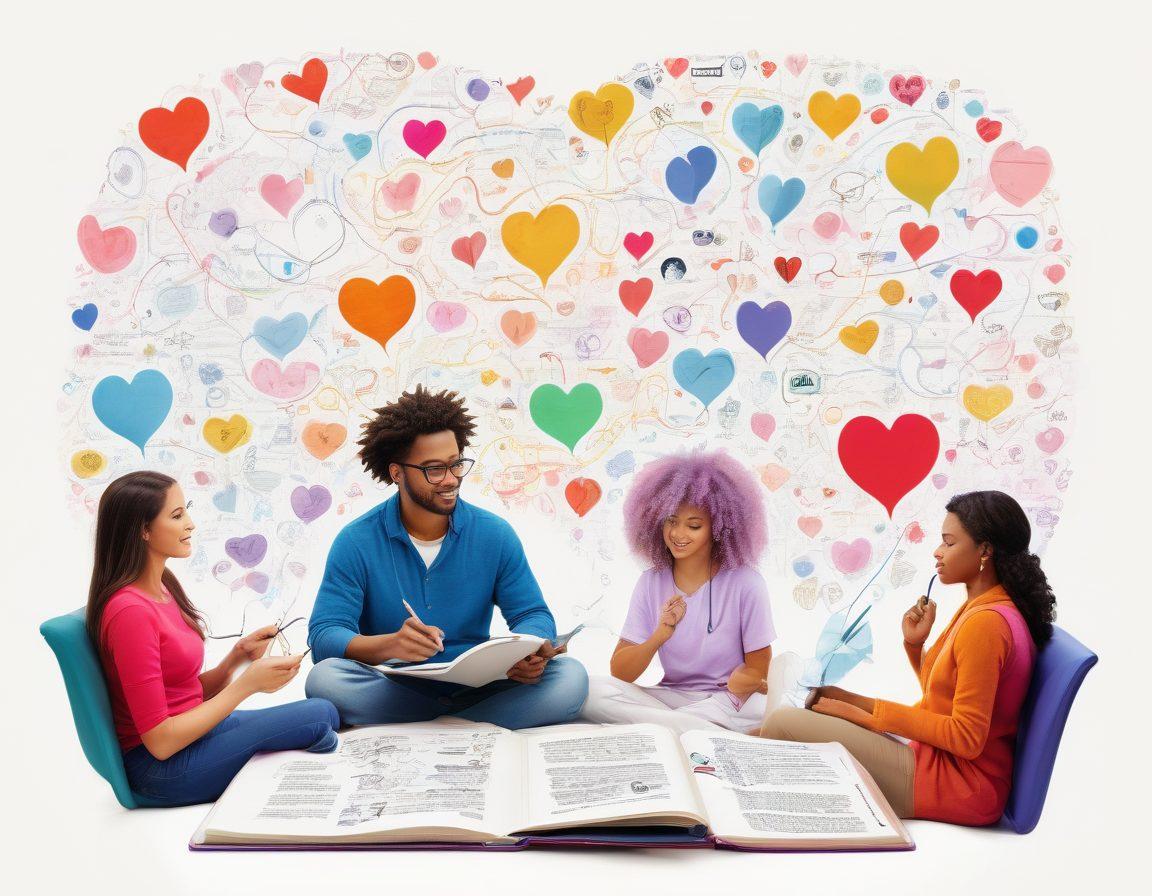 An artistic representation of diverse individuals collaboratively writing in a colorful online journal, surrounded by digital tools and symbols of community, like hearts and chat bubbles. The scene includes intricate threads weaving through the characters, symbolizing the connection of their words. Bright, inviting colors create a warm and engaging atmosphere that highlights the concept of online collaboration. super-realistic. vibrant colors. white background.